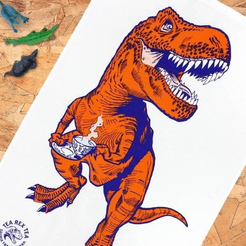 Tea Rex Tea Towel By Jay Jay Burridge Dinosaur Cotton orange Trex T-rex FREE P&P - Picture 2 of 8