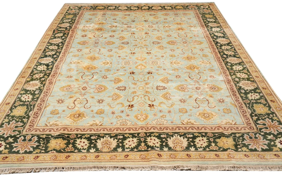 10 x 14 Quality Handmade Agra Rug Aqua Blue With Green Border #F-4271 - Image 2 of 4