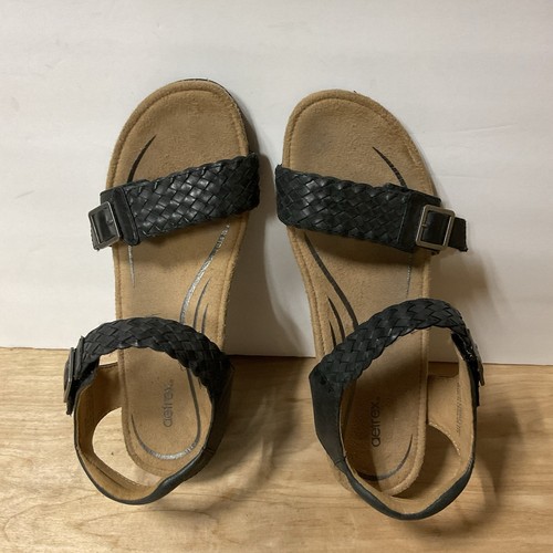 Womens 9-9.5 Aetrex Grace Wedge Sandals Black Leather Woven Straps Adjustable - Picture 6 of 11