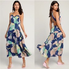 NWT Lulus Hours of Flowers Blue Multi Floral Lace-Up Tiered Midi Dress - Size XL