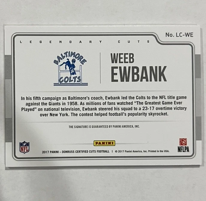 2017 Panini Certified Cuts - Legendary Cuts Weeb Ewbank #LC-WE /99 - Image 2 of 2