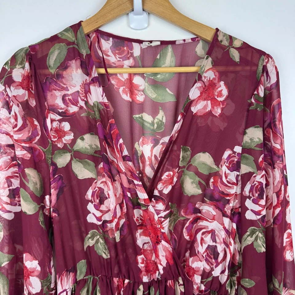 PinkBlush Maternity Chiffon V-Neck Burgundy Floral Maxi Dress Sz M Flowy Boho - Image 3 of 4