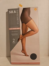 silk impressions pantyhose, Large Black, Light Support Sheer 2 Pair High Waisted
