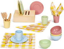 Wooden Play Dishes and Plates for Kids Kitchen Set, 25 PCS Wooden Play Kitchen A