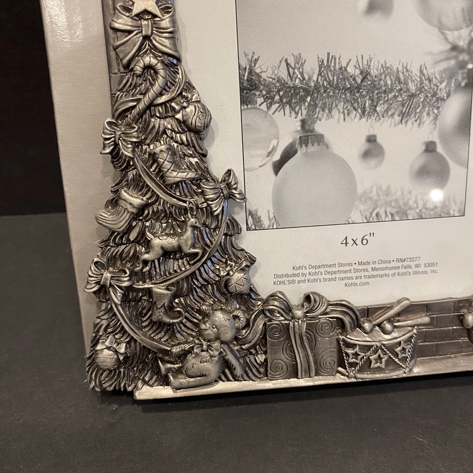 Pewter Christmas Holiday Frame Heavy Holds 4x6 Photo Christmas Tree Toys - Image 3 of 4