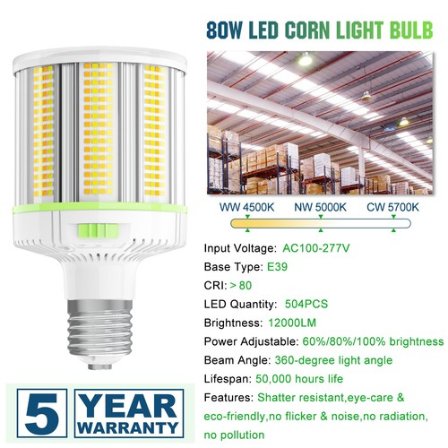 2Pack LED Corn Light Bulb 48W/60W/80W Adjustable E39/E40 Mogul Base, 4500K-5700K - Picture 9 of 19