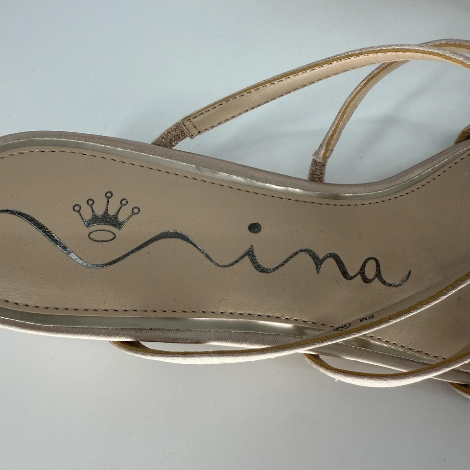 Sandalias Nina para mujer talla 9 champán satinado con tiras lazos vestido de tacón bajo bloque Foto 4 de 4