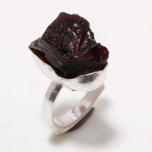 925 Sterling Silver Mozambique Garnet Rough Gemstone Handmade Rings Jewelry Adj - Afbeelding 1 van 3