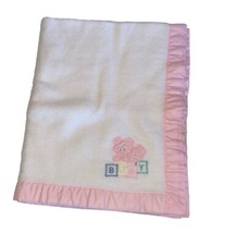 Vintage Cuddle Time Baby Blanket White Bear BABY Blocks Pink Satin Trim Acrylic