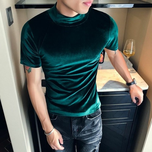 NSTOPOS Men Luxury T-Shirt Velvet Broadcloth Semi-Turtle Neck Short Sleeve Street Wear - BLACKISH Green - Velvet - Korean XL 60-65kg