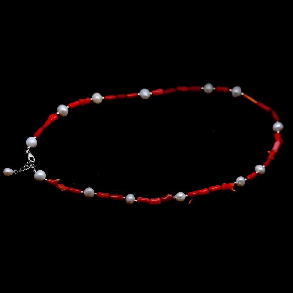 Gemstone White Baroque Pearl & Orange Coral Necklace 22" 925 Sterling Silver - Image 4 of 4