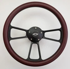 DARK BURGUNDY Half Wrap 14" BILLET BLACK Steering wheel + Adaptor + CHEVY Horn