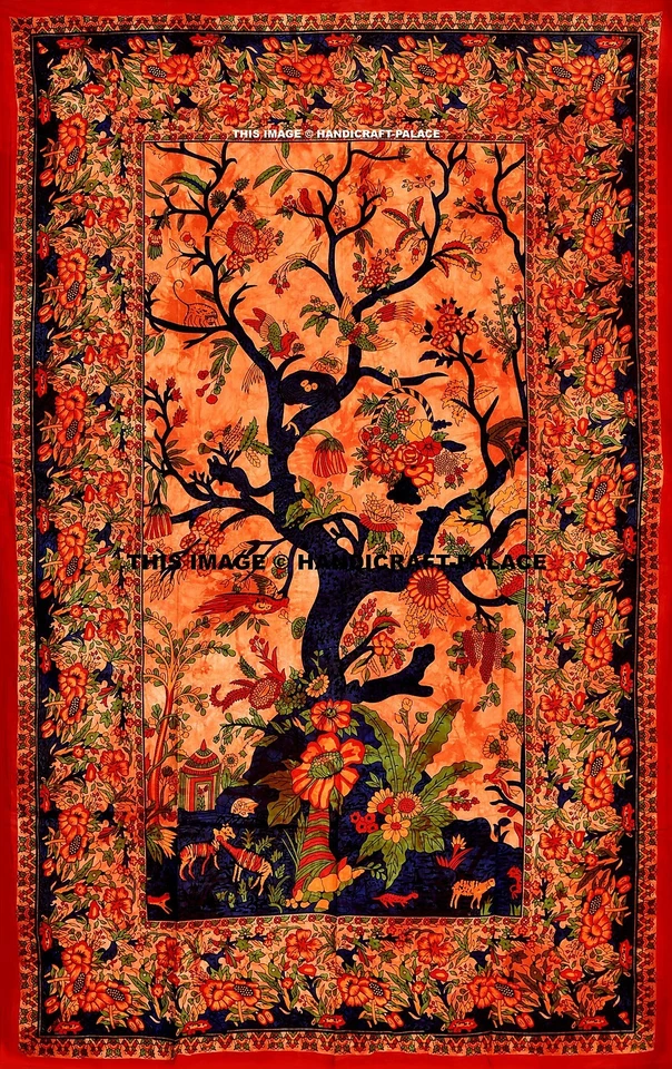 Indian Tree Of Life Bohemian Bedspread Tapestry Wall Hanging Throw With Pillow - Image 2 of 2