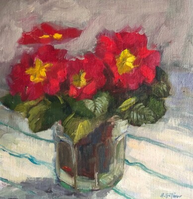 HELEN TARR ORIGINAL rote Primeln BLUMENPRIMEL Topfpflanze Blume ÖLGEMÄLDE
