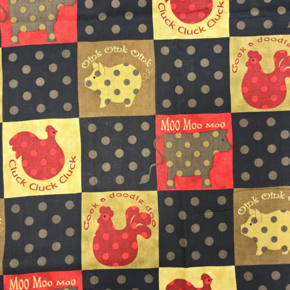 Cotton Fabric 26"x44" Black Red Neutral Tones Chicken Rooster Cow Pig Polka Dots - Image 4 of 4