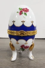 Gold Plated Footed PORCELAIN Ceramic FLORAL Egg Trinket Box 4"