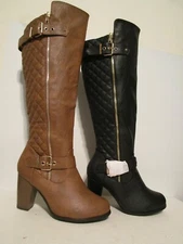 Top Moda Womens Swiss-1 Quilted Chunky Heel Knee-High Boots Black Size 8.5