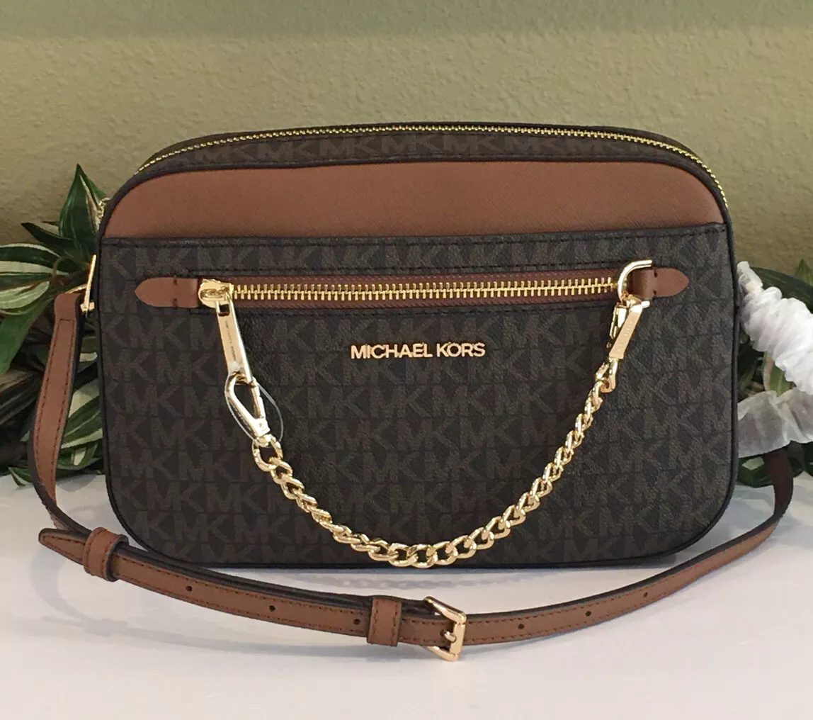 Michael Kors Jet Set Large Zip Chain Crossbody Bag Shoulder Black Leather Gold