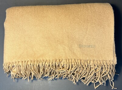 HERMES Tan Cashmere Wool Throw Blanket Made In 65