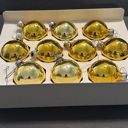 Vintage Box 10 Bradford 2.25 Inch Gold Glass Christmas Tree Ornaments MCM Retro - Picture 6 of 13