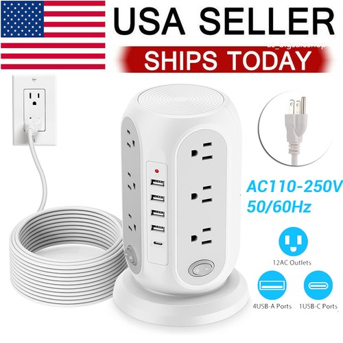 Tower Surge Protector Power Strip w/ 12 Outlets 5 USB Ports 6.2ft Extension Cord - Picture 29 of 40