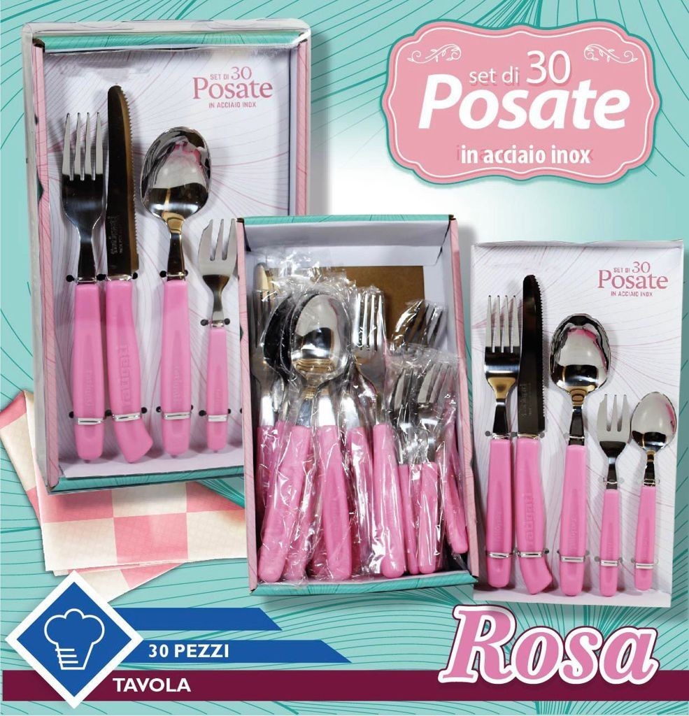 Set 30 Cubiertos de Acero Inoxidable Rosa para 6 Personas Mesa Cocina Elegante