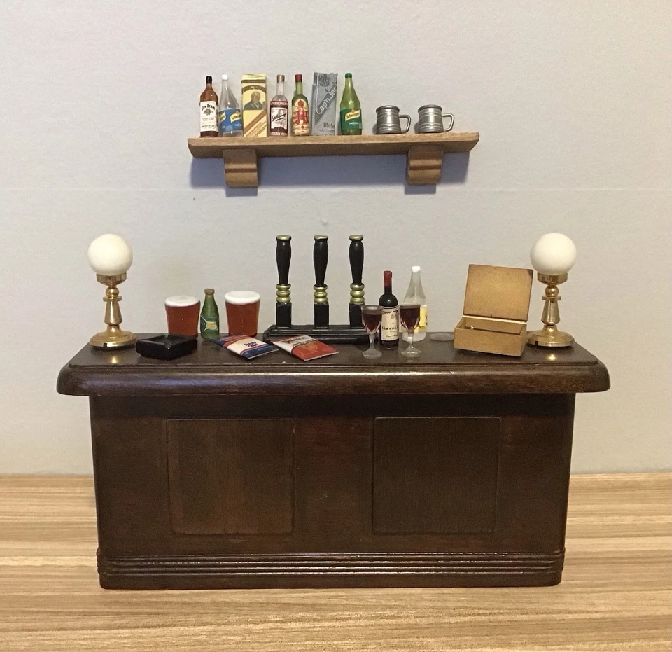 Vintage Dollhouse Miniature Bar w/Stools & Accessories Lot - Image 2 of 4