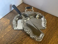 Vintage Silent Butler Crumb Catcher Embossed Metal Silver Tone Wooden Handle