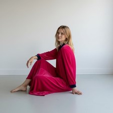 Vintage Christian Dior Pink  Blue 1970s Loungewear House Dress Robe - Large