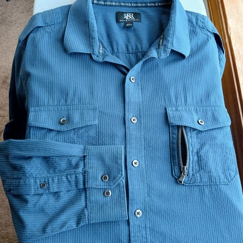 R&R Blau Baumwolle Knopfleiste Hemd Herren XL Lang Krempelriegel Ärmel Jacquard Streifen - Bild 15 von 15