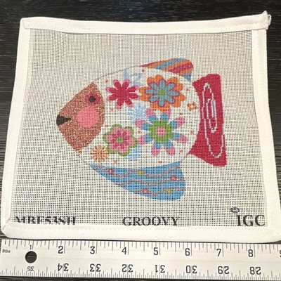 IGC MR FISH Groovy Needlepoint Canvas Kit w/ Thread & Embroidery Floss