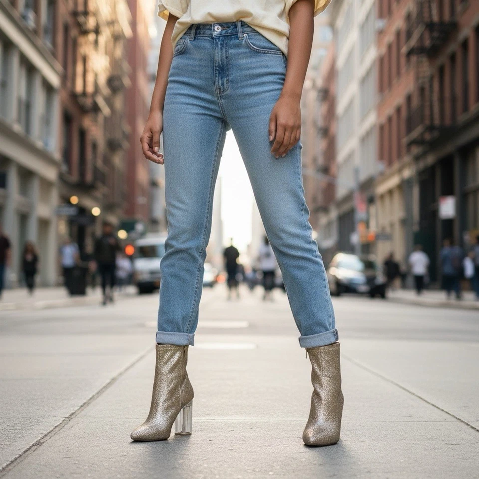 Botas Liliana para mujer transparentes de tacón alto con plataforma doradas brillantes con cremallera talla 9 Foto 3 de 4