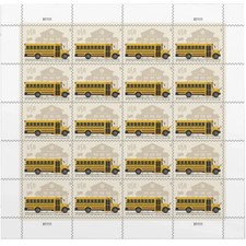 School Bus Additional Ounce USPS Postage Stamps - 1 Sheet of 20
