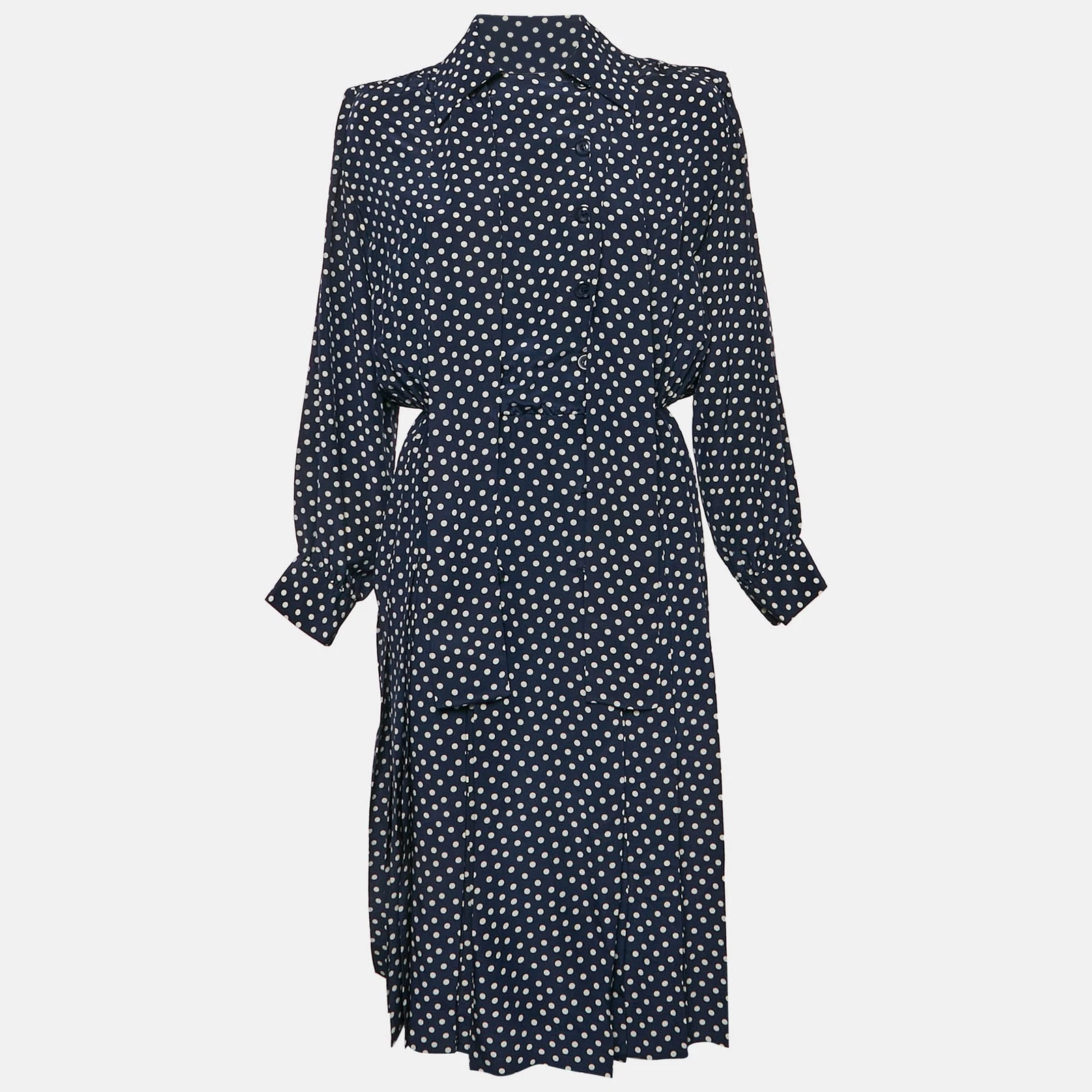 SAINT LAURENT (YSL) Abito midi Saint Laurent Rive Gauche blu navy a pois in seta M