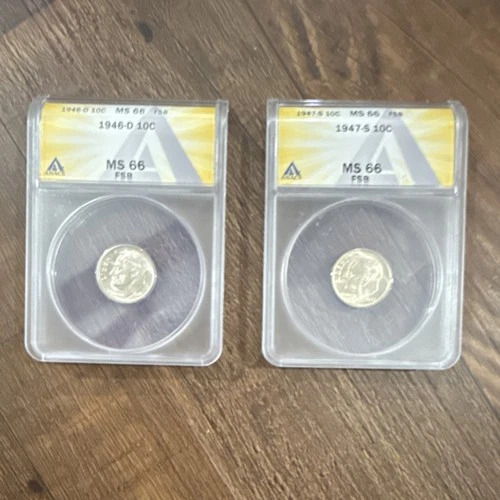 Roosevelt Silver Dimes 1946-D MS66 FSB ANACS & 1947-S MS66 FSB ANACS 10C Unc