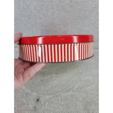 Round Red White Stripe Tin Storage Container Candy Cookie Gift Box Collectible