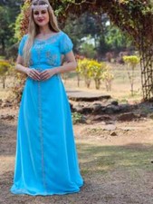 Women's Arabic Kaftan Wedding Wear Fancy New Sky-Blue Georgette Moroccan