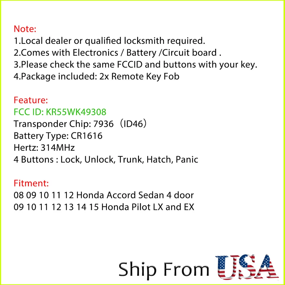 2 para 2009 2010 2011 2012 2013 2014 2015 Honda Pilot mando a distancia sin llave chip Foto 2 de 4