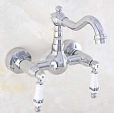 Polished Chrome Wall Mount Double Handles Bathroom Kitchen Sink Faucet Mixer Tap