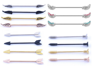Industrial Scaffold Ohr Piercing Barbell ARROW, Schraube & Angel Wings