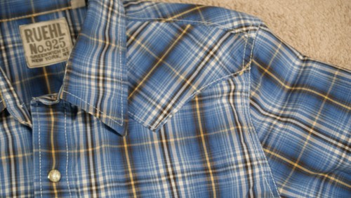 Ruehl No 925 Shirt Western Style Pearl Snap Cotton Blue Plaid M Cowboy Work - Picture 8 of 12
