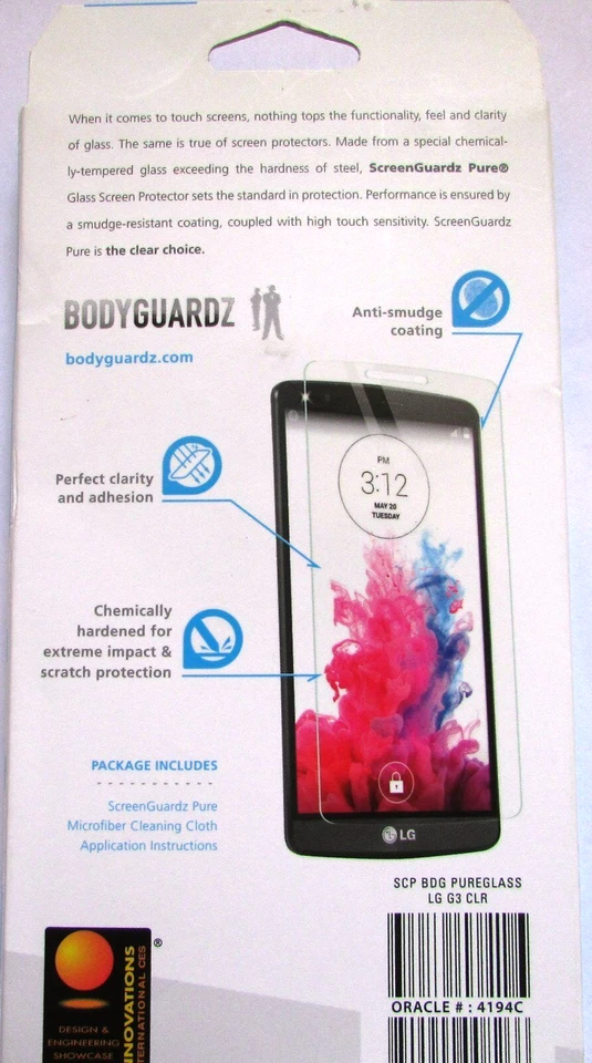Protector de pantalla de vidrio templado puro BodyGuardz LG G3 - Nuevo Foto 2 de 4