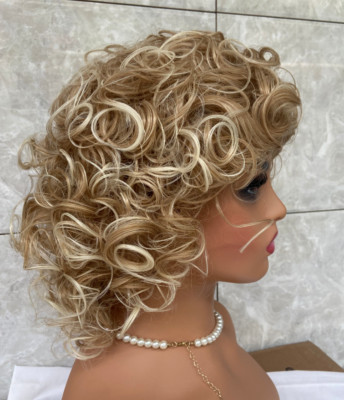 Short Curly Layered Softly Curls Golden Lights Synthetic Hair Wigs Women Natural