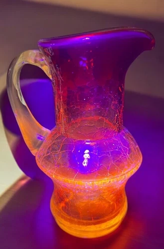 Vintage Blenko Amberina UV Reactive Crackle Glass Pitcher