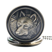 Retro Bronze Wolf Dog Pendant Quartz Analog Pocket Watch Necklace Chain Men Gift