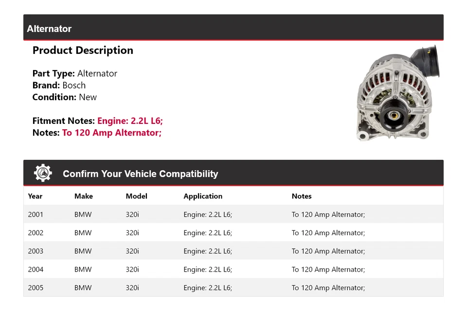 Alternador Bosch Para BMW 320i 2001-2005 2.2L L6 (Nuevo) 2002 2003 2004 Foto 2 de 4