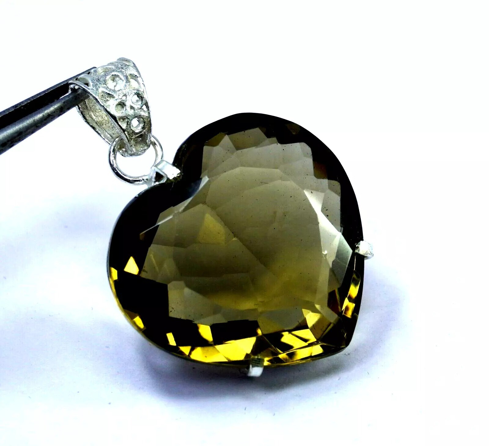 Heart Cut Brown Natural 90.10 Ct Smoky Quartz 925 Solid Silver Pendant Gemstone