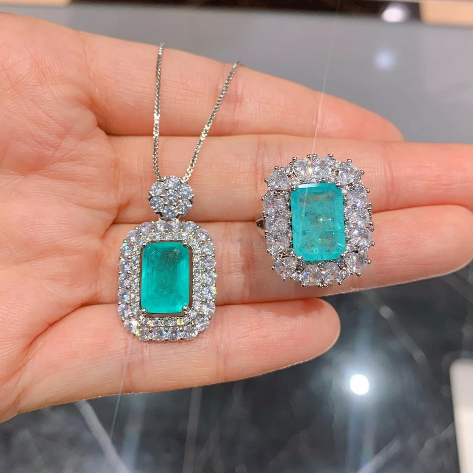 New 2pc Women Jewelry Set Neon Blue Tourmaline Silver Necklace Pendants Rings - Image 2 of 4