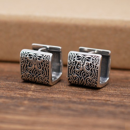 Mens Women Sterling Silver Textured Wide Square Huggie Hoop Earrings A4392 - Picture 8 of 19