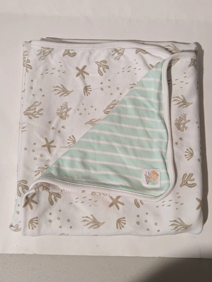 Manta Bebé Mac & Moon Ocean Coral y Rayas Reversible Algodón Orgánico Verde  Foto 2 de 4